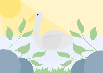 illustration of a duck swimming in a lake in bright sunlight