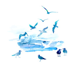 Flying blue watercolor seagulls. Vector illustration