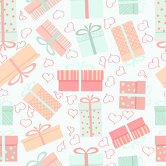 Set of gifts and hearts for Valentine's Day or Birthday. Vector cartoon flat seamless pattern of beautiful modern packaging boxes in pastel colors.