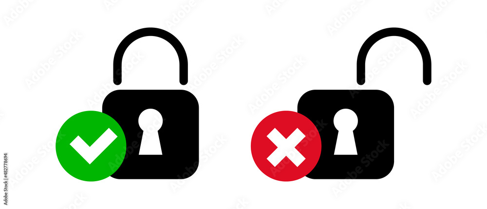 Poster locked and unlocked icons. security icon with check mark and cross mark. vector.