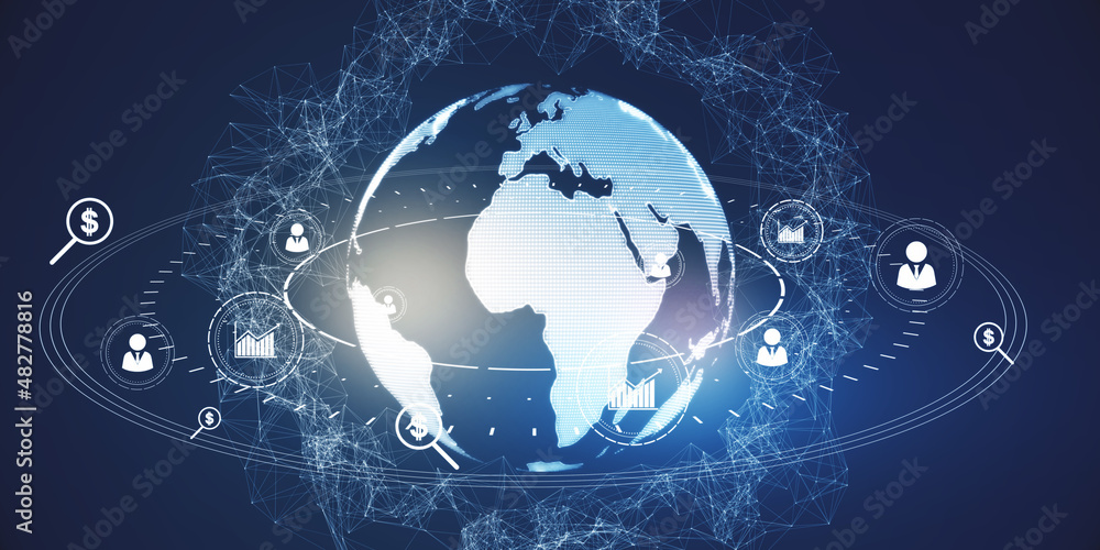Poster glowing social globe hologram on blue background. information, data and communication concept. 3d re