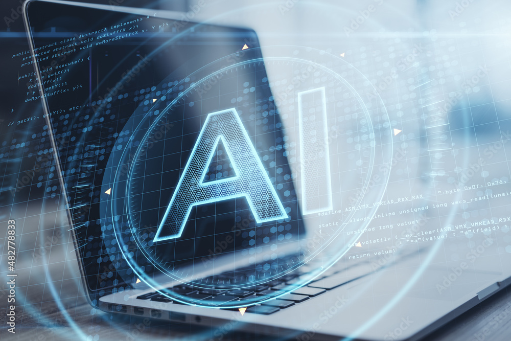 Poster close up of laptop with glowing ai hologram on blurry background. artificial intelligence, innovatio