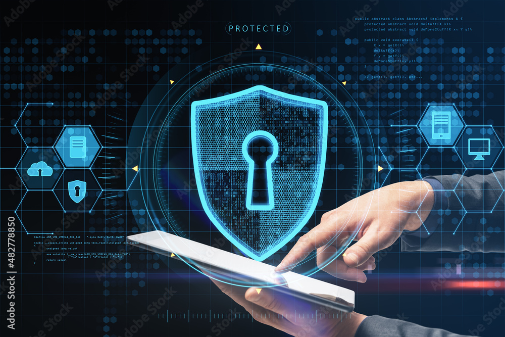 Aufkleber close up of businessman hand pointing at tablet with abstract glowing keyhole shield interface on bl