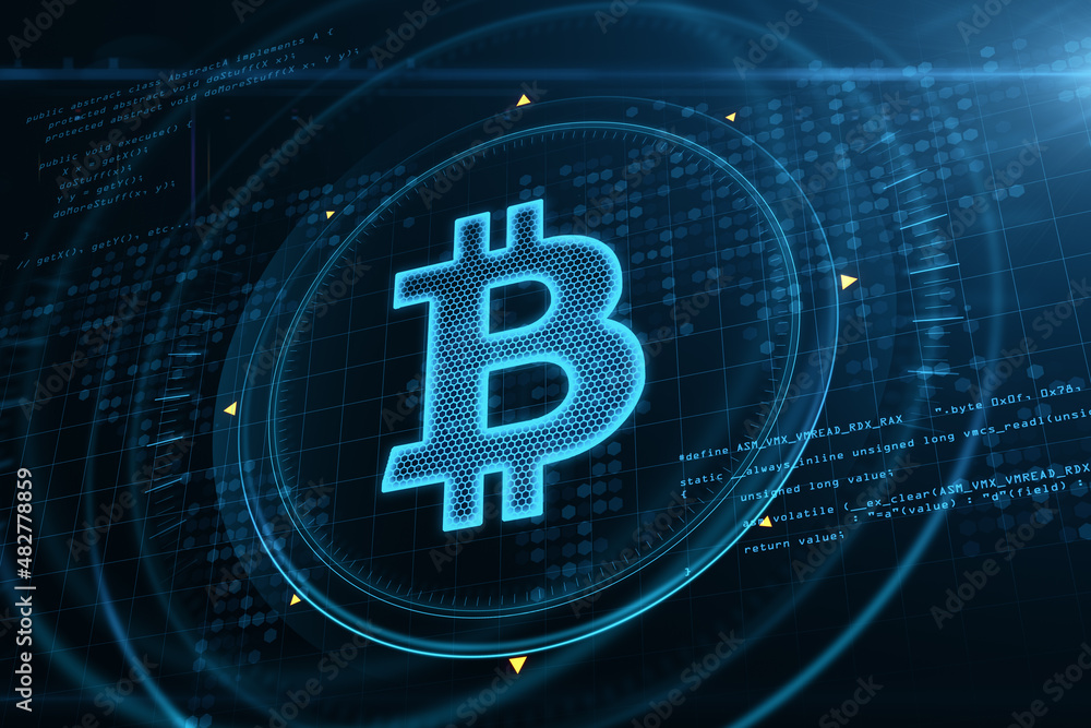 Poster Abstract glowing bitcoin sign hologram on blurry blue grid background with coding. Online banking, cryptocureency and innovation concept. 3D Rendering.