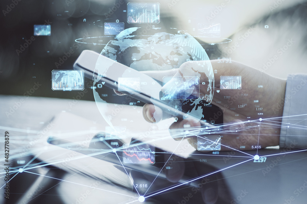 Aufkleber Close up of businessman hands using cellphone with creative glowing globe hologram with forex charts and graphs on blurry background.