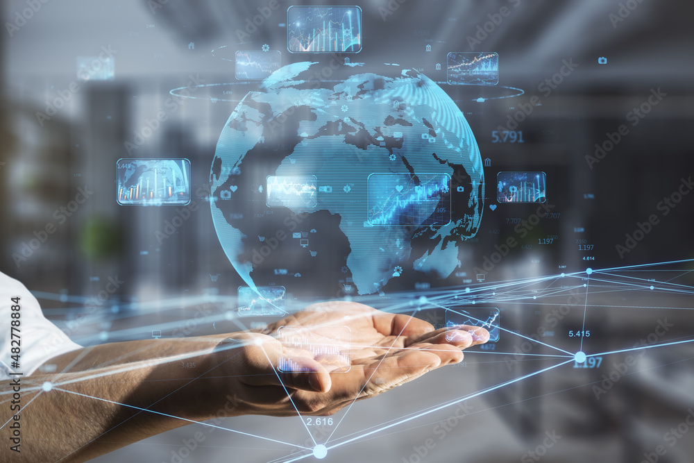 Poster close up of businessman hand holding creative glowing globe hologram with forex charts and graphs on