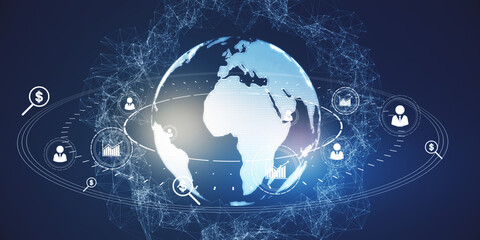 Glowing social globe hologram on blue background. Information, data and communication concept. 3D Rendering.