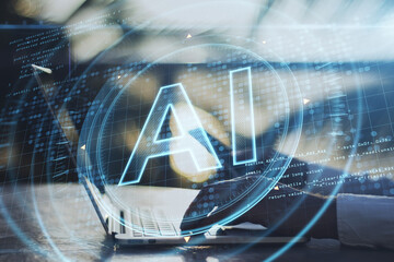 Close up of businedssman hands using laptop and smartphone with glowing AI hologram on blurry outdoor background. Artificial intelligence, innovation and science concept. Double exposure.