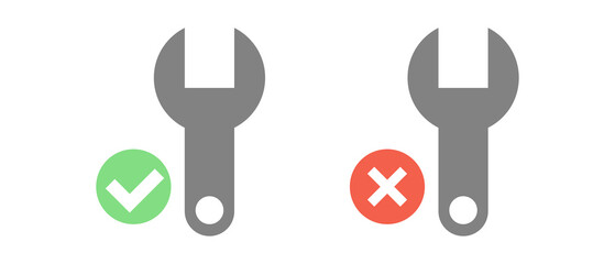 Icon set of wrench with check mark and wrench with cross mark.