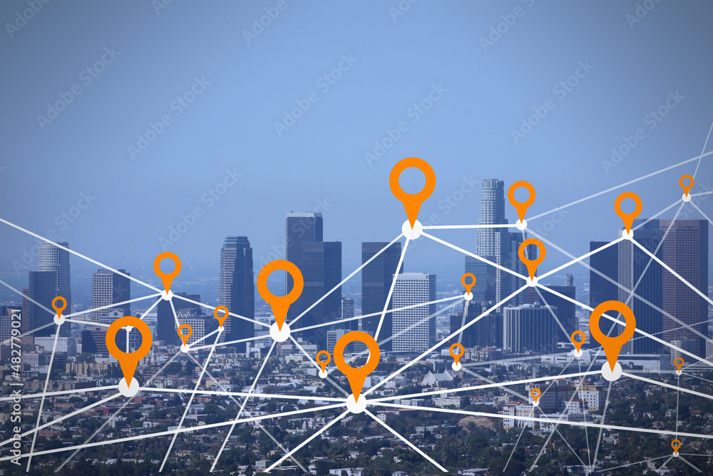 Poster Creative dawn city and sky background with digital map pointer connections and mock up place for your advertisement. Smart city, gps and navigation.
