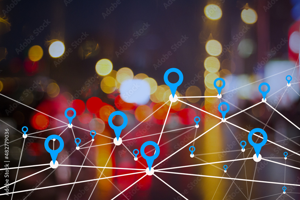 Poster creative bokeh lights night city and sky background with digital map pointer connections. smart city