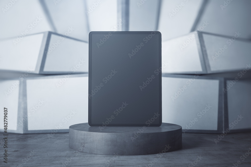 Poster Podium with empty mock up screen digital tablet on abstract wall background. Product presentation concept. Device and technology concept. 3D Rendering.
