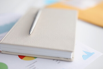Closed beige leather diary with silver pen, new notebook for notes