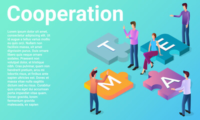 Cooperation.Business partnership, cooperation and teamwork.People are putting together a puzzle.Poster in business style.Flat vector illustration.