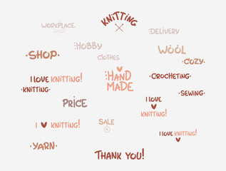 A set of colorful cartoon vector inscriptions on the theme of knitting and sewing. Perfect for the design of a handmade store.