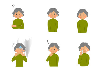 人物(おばあちゃん)の顔の表情・感情(ベクターイラスト)