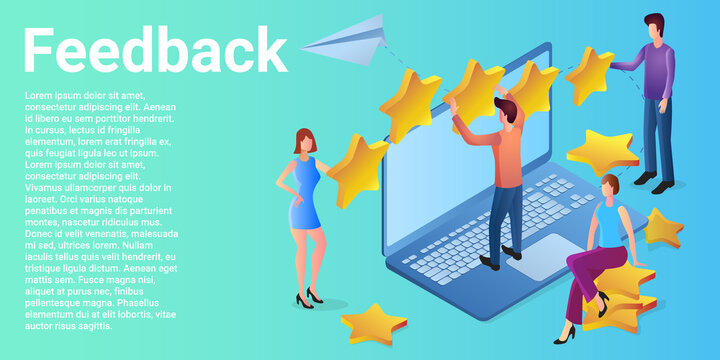 Feedback. People on the background of a laptop and stars of evaluation.The concept of communication with consumers.A business-style poster.Flat vector illustration.