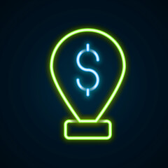 Glowing neon line Cash location pin icon isolated on black background. Pointer and dollar symbol. Money location. Business and investment concept. Colorful outline concept. Vector