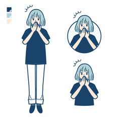ビッグサイズTシャツを着た女性が口をおさえて驚いているイラスト