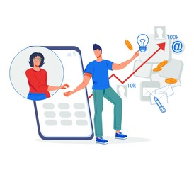 Content management service, managing SMM strategy processes, email marketing, flat vector illustration isolated on white background. SEO and media promotion.