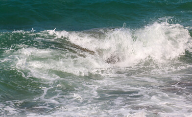 Waves in the ocean. Danger sea wave crashing on rock coast with spray and foam