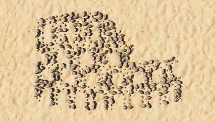 Concept or conceptual stones on beach sand handmade symbol shape, golden sandy background, colloseum icon. 3d illustration metaphor for travel, history and culture, tourism and vacation