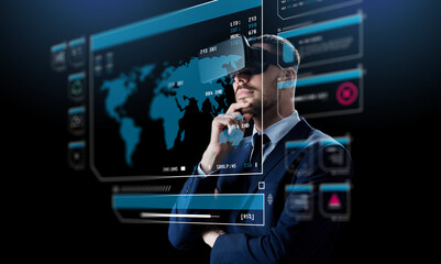 business, augmented reality and technology concept - businessman in vr glasses with virtual screens projection over black background