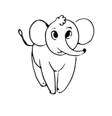 Cheerful cartoon elephant. Funny cute animal. Outline sketch. Hand drawing is isolated on a white background. Vector
