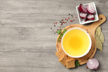 Concept of tasty food with broth, top view