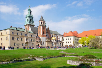 Fototapeta na wymiar RAKOW, MALOPOLSKIE POLAND - 30 April 2017: Tourists visit Wawel Royal Castle. View of the Cathedral of St. Wojciech