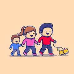 Cute Family Walking Cartoon Vector Icon Illustration. People Family Icon Concept Isolated Premium Vector. Flat Cartoon Style