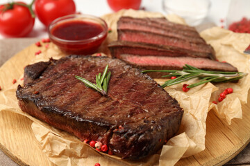 Concept of tasty food with beef steaks, close up