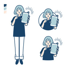 ビッグサイズTシャツを着た女性がスマートフォンを差し出しているイラスト