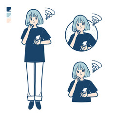 ビッグサイズTシャツを着た女性がスマートフォンを持ち困っているイラスト