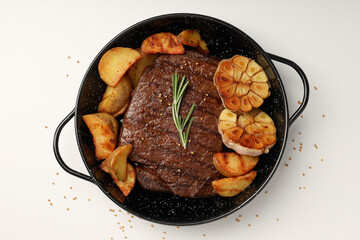 Concept of tasty food with beef steak, top view