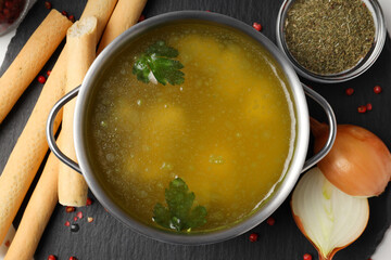 Concept of tasty food with chicken soup, close up