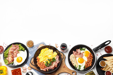 Concept of tasty breakfast on white background