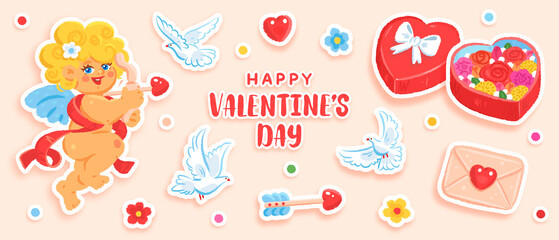 Hand drawn set of elements for valentines day. Vector illustration of cupid, gift box, envelope, bouquet, helium balloons, heart and pigeons isolated on background
