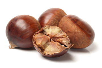 chinese food, peeled roasted chestnut on white background