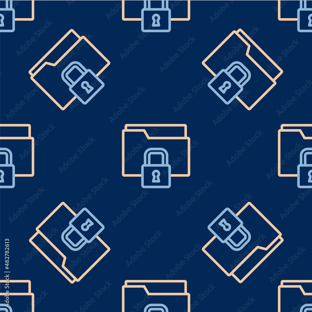 Poster line folder and lock icon isolated seamless pattern on blue background. closed folder and padlock. s