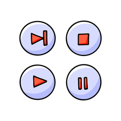 Hand drawn media player buttons - play, stop, pause, rewind. Vector illustration of music icons in doodle style.