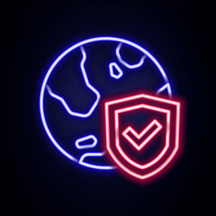 Glowing neon line Shield with world globe icon isolated on brick wall background. Insurance concept. Security, safety, protection, privacy concept. Colorful outline concept. Vector