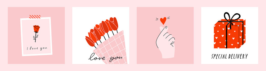 4 Stylish Valentine's day greeting card, poster illustration collection in pink and red colors. Fun and cool square greeting card design. Hand drawn doodle cartoon style concept.