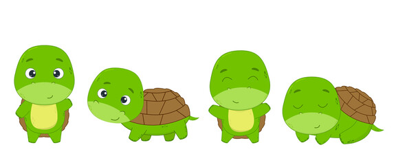 Set of cartoon turtles on a white background. Elements for design or print. Vector illustration.