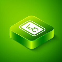 Isometric Toilet icon isolated on green background. WC sign. Washroom. Green square button. Vector