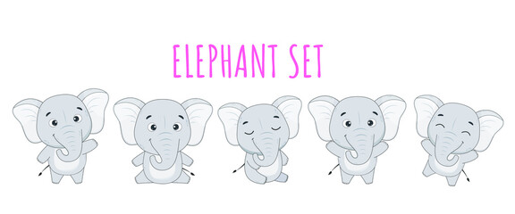 Obraz premium Set of cute cartoon elephants in different poses. Elephant isolated on white background. Vector illustration for design and print