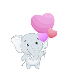 Cute cartoon elephant character holding balloons.Elephant isolated on white background.Valentine's day card design.