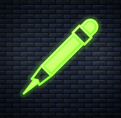 Glowing neon Pencil with eraser icon isolated on brick wall background. Drawing and educational tools. School office symbol. Vector