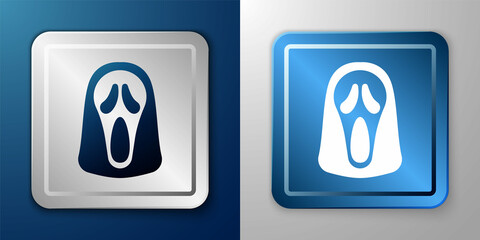 White Funny and scary ghost mask for Halloween icon isolated on blue and grey background. Happy Halloween party. Silver and blue square button. Vector