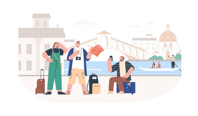 Tourists on summer holiday travel to Venice. Friends going sightseeing in tour. Happy people with phone, map and landmarks in Europe trip. Flat vector illustration isolated on white background